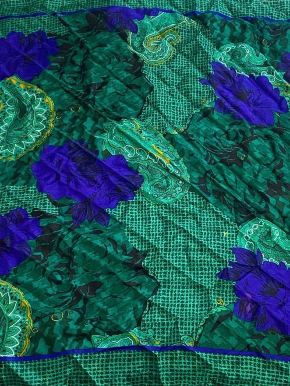 Dior Emerald Green & Royal Blue Paisley Floral Silk Scarf